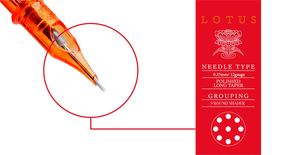 LOTUS needle for tattooing with close-up of needle tip and product details on a white background.