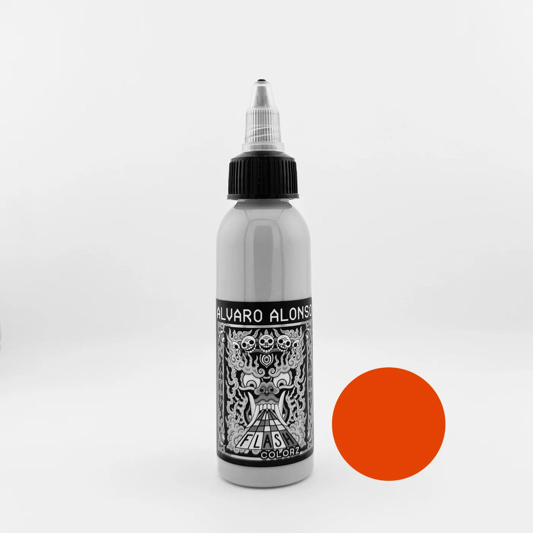 Bottle of Grey ink on a white background with a red color swatch