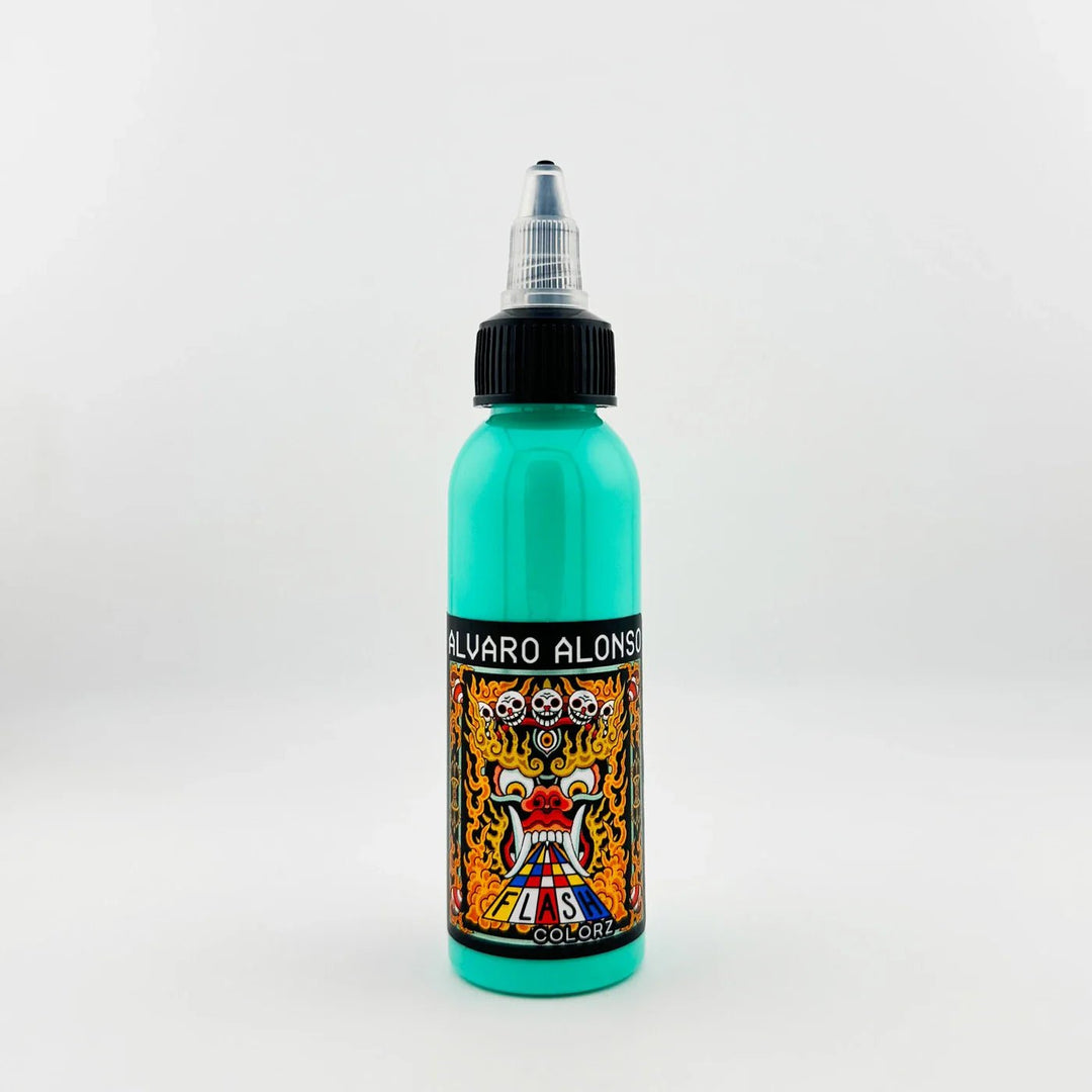 Bottle of Flash Colorz Alvaro Alonso Mist Green in a white background