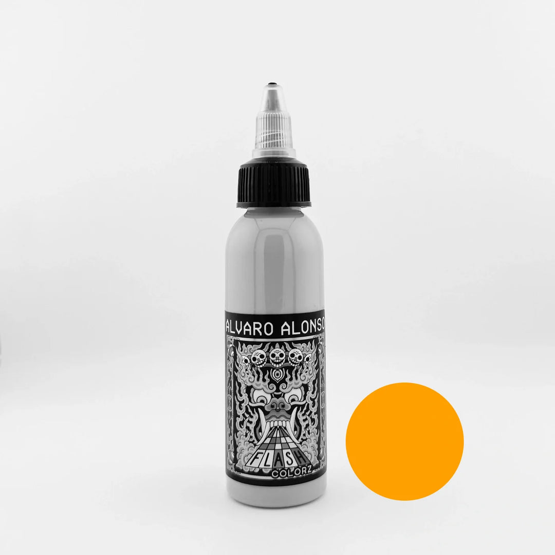 Bottle of Grey ink on a white background with a yellow color swatch