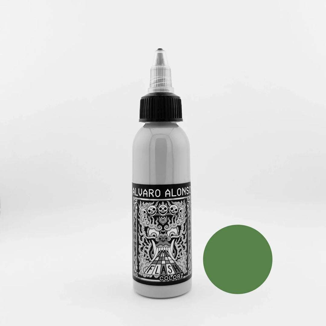 Bottle of Grey ink on a white background with a green color swatch