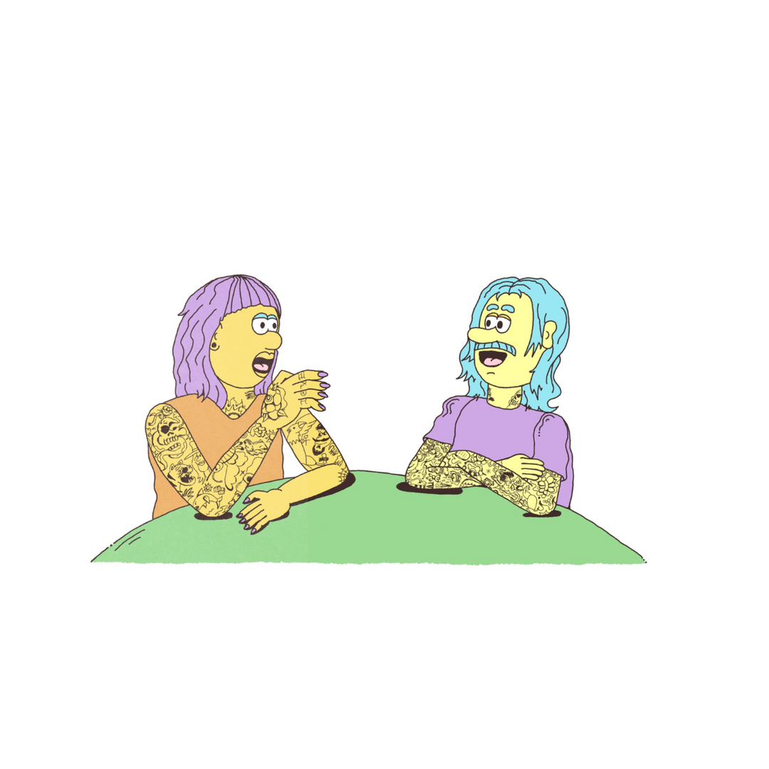 Two animated characters sitting on a green couch with a white background