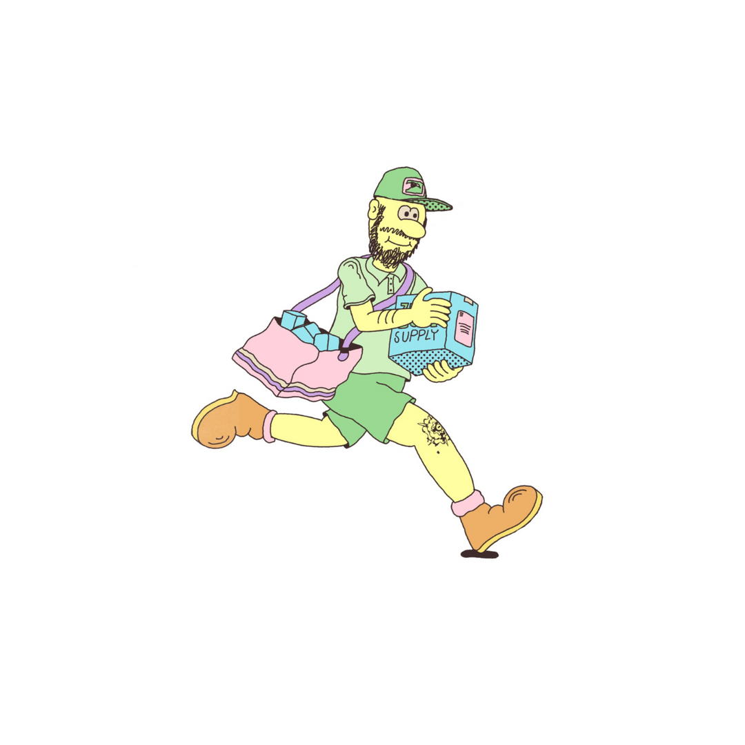 Cartoon character running with a box labeled 'Super' on a white background