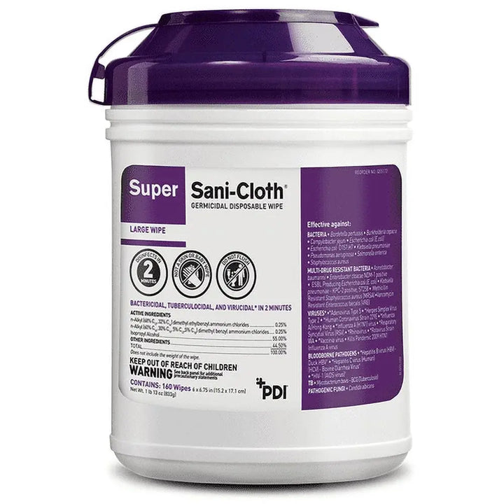 Super Sani-Cloth germicidal disposable wipe container with purple lid and label on a white background
