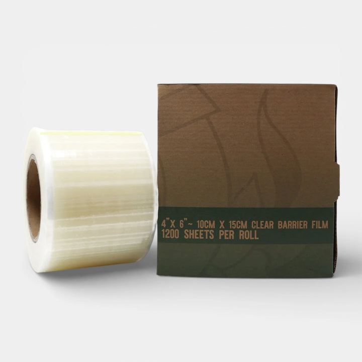 Roll of clear barrier film with packaging on a white background