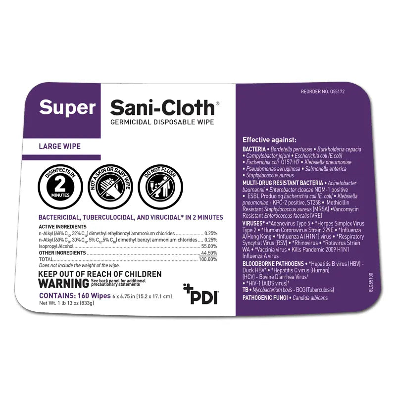 PDI Super Sani-Cloth Germicidal Disposable Wipe package label for Large Wipe, showing product details, active ingredients, usage icons, and effective against pathogens on a white background.