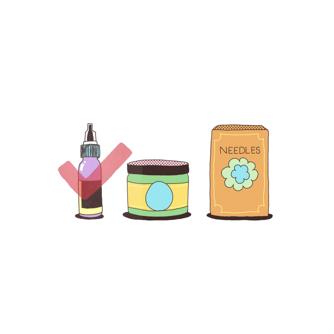 Illustration of a bottle, jar, and container labeled 'needles' on a white background.